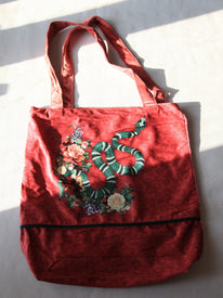 Sac shopping en velours rose fait main - serpent et fleur - 40x40cm